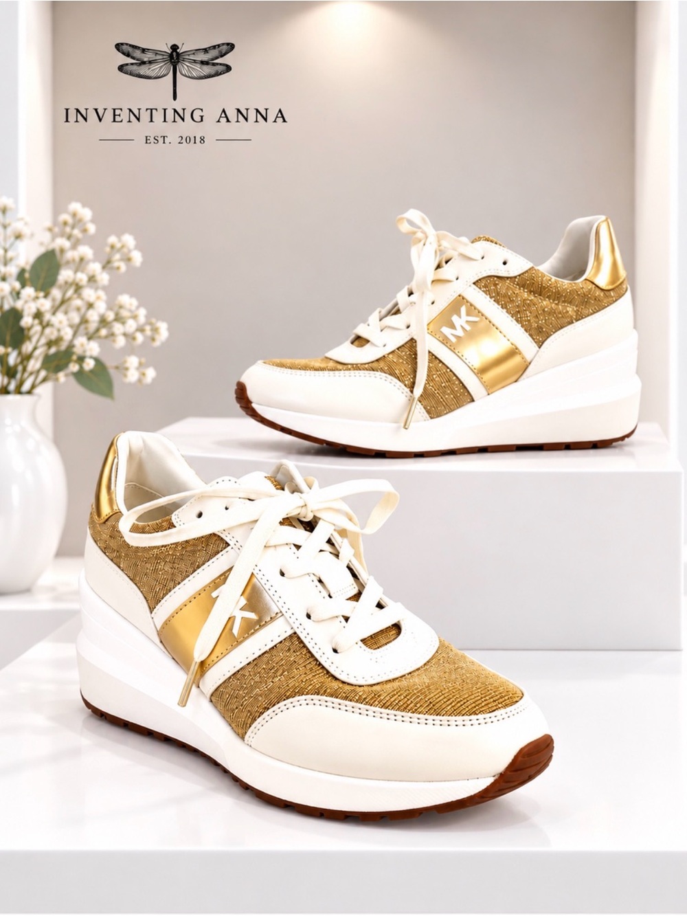 Michael Kors Gold White Metallic Wedge Sneakers Platform Lace Up size 8M